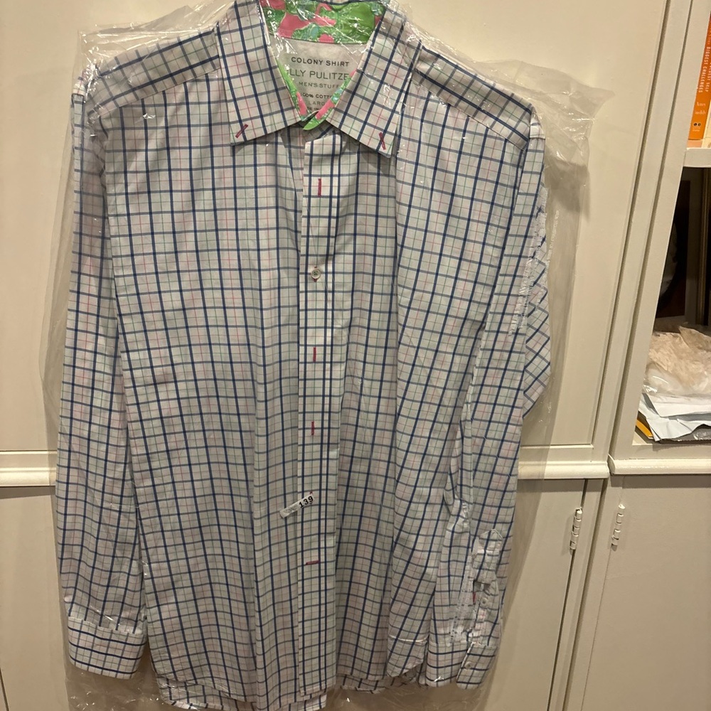 Lilly Pulitzer Men's White and Blue Plaid Shirt
